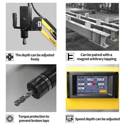 Badass Flexible Electric Tapping Machine Features M3 To M16 Tap Collets And A Telescoping Arm For No Sweat Multi Directional Drilling And Quick Threading On Heavy Duty Auto Gear showing adjustable depth control and touchscreen.