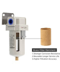 Heavy-Duty Air Line Filter With 3/8 NPT Port For Clean Air System AF3000-03 showing brass element and mounting bracket.