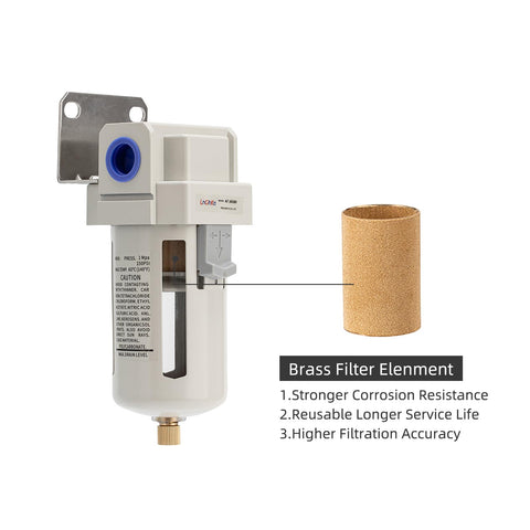 Heavy-Duty Air Line Filter With 3/8 NPT Port For Clean Air System AF3000-03 showing brass element and mounting bracket.
