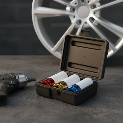 Heavy Duty Impact Socket Set With Protective Coating To Prevent Scratches On Alloy Rims During Wheel Maintenance. This 5-Piece Lug Nut Sockets Kit Fits Impact Wrenches For Fast Tire Changes And Saves Your Rims From Metal Damage While Delivering Serious. 5-piece coated impact lug nut sockets in case for alloy wheel tire changes