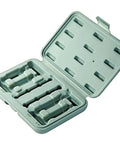 Blow Molded Case For Pro Shelf Drilling Jig Bits And Index Pins With Dedicated Pockets For 5mm 7/32 Inch 1/4 Inch And 9/32 Self Centering Drill Bits Plus Space For Eight Index Pins shown open with molded slots inside.