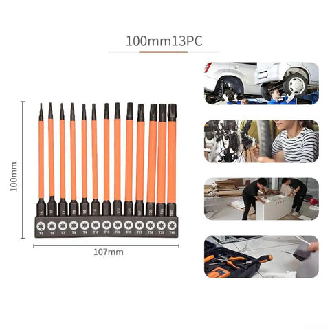 Must Have 3 Piece Torx Bit Set For T5 To T40 Impact Drivers With High Strength Alloy Steel And Shock Absorbing Torsion Design For Professional Jobs 100mm 13pc