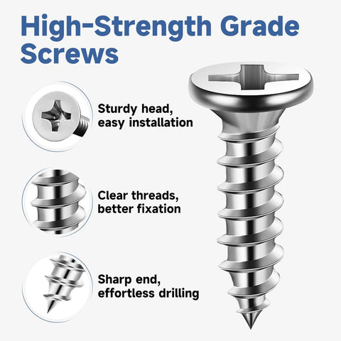 High-Strength Grade Screws with sturdy head, sharp end, and clear threads for Top Shelf Stainless Steel L Brackets Corner Braces set.