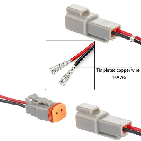 2 Pin Waterproof PA66 Nylon Electrical Wire Connector Kit 16 AWG Male Female Quick Disconnect Plug Socket, side and close-up view.