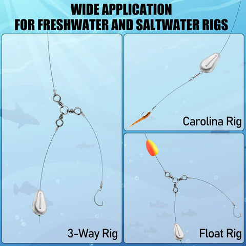 Diagram showing 3-way rig, Carolina rig, and float rig with Five Pack No Roll Lead Sinker Weights 1 Ounce Flat Disc For Freshwater And Saltwater Fishing, Catfish, Surf, River Bank, Keeps Bait In Place Against Heavy Waves And Currents, Polished Surface To Protect Your Line.
