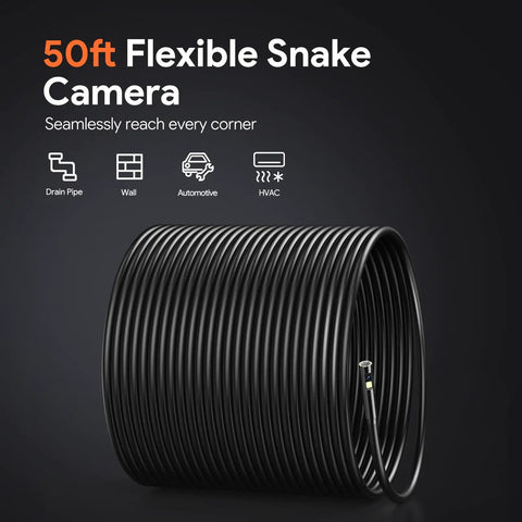 Coiled cable of 50ft Sewer Camera With 1080P HD Triple Lens Borescope, IP67 Waterproof, for pipes and drains inspection.