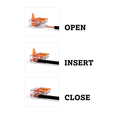 Lever Nuts Splicing Connector For Solid And Stranded Conductors 5 Conductor With Operating Levers 24-12 AWG Transparent Housing Box Of 25 Pieces Plug And Play Push Lever Lock Ideal For Quick Home And Professional Wiring shown open, insert, close.