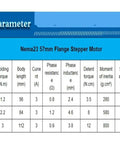 Specifications table for Nema23 57mm flange stepper motor, showing holding torque, body length, and other parameters.