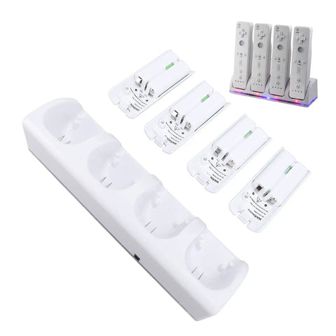 4 Port Remote Controller Charger Station For Gaming Consoles, 4 Pack 2800mAh Battery Packs, USB Powered Dock, White Design