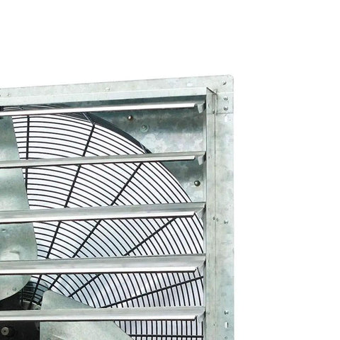 Side view of 36 Inch Wall Mounted Exhaust Fan with Auto Shutter, single speed vent for attic, shed, or garage, silver frame