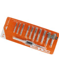 Essential 11 Piece Tap And Die Set For Creating Metal Threads Professionally Perfect For Hobbyists With M10x1.25 Specs To Keep Your Projects Moving Smoothly Without Any Hassle. 11-piece M10x1.25 tap and die set with wrench on orange blister card