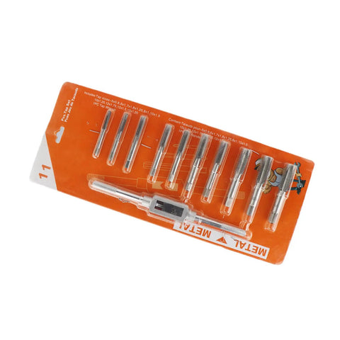 Essential 11 Piece Tap And Die Set For Creating Metal Threads Professionally Perfect For Hobbyists With M10x1.25 Specs To Keep Your Projects Moving Smoothly Without Any Hassle. 11-piece M10x1.25 tap and die set with wrench on orange blister card