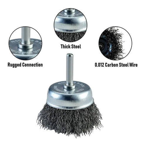 Six Piece Wire Brush Wheel And Cup Brush Set For Drill With One Quarter Inch Arbor And 0.012 Inch Crimped Carbon Steel Wires