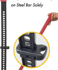 Rugged Black Hi-Lift Jack Handle Keeper For Farm Jacks, shown on steel bar with red handle for secure fit.
