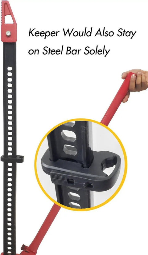 Rugged Black Hi-Lift Jack Handle Keeper For Farm Jacks, shown on steel bar with red handle for secure fit.
