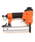 Heavy Duty Pneumatic Brad Nailer For Furniture Assembly And Woodworking Projects Delivers Zero Sweat Fastening For Quick DIY Builds and Backyard Warrior Home Improvements side view with orange handle.