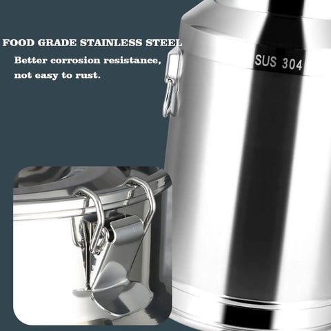 Close-up of Top Shelf 304 Stainless Steel Food Storage Container's airtight clamp, demonstrating durability and rust resistance.