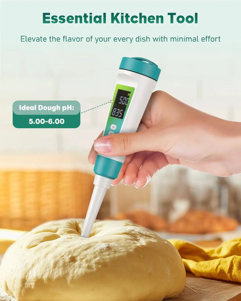 Hand using Digital PH Meter For Food With Dual Sensors And Fast Response High Precision PH And Temperature Tester on dough