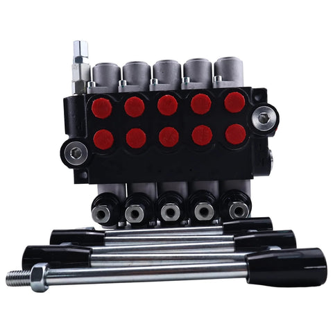 Five-spool hydraulic control valve block with red port plugs and chrome actuating rods