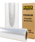 Heavy Duty 16 Inch Polyolefin Shrink Film 75 Gauge Heat Wrap Centerfold Roll 525 Feet Long with packaging box beside it.