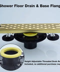 12 Inch Linear Shower Drain With Removable Brickwork Pattern Grate Adjustable Feet Hair Catcher Brushed Gold Finish