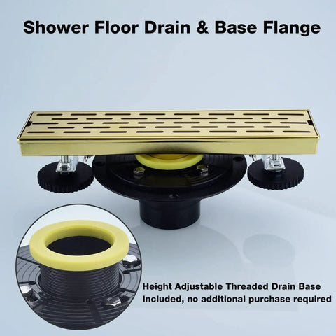 12 Inch Linear Shower Drain With Removable Brickwork Pattern Grate Adjustable Feet Hair Catcher Brushed Gold Finish