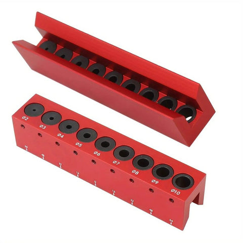 Pro Grade Drill Guide And Doweling Jig For Straight Holes With Perpendicular Entry Self Centering Drill Block, red aluminum, bushings
