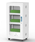 White 60 Slot Mobile Device Charging Cabinet With Secure Lockers For Tablets Laptops Phones Built Tough For Classrooms And Retail, featuring green shelves.