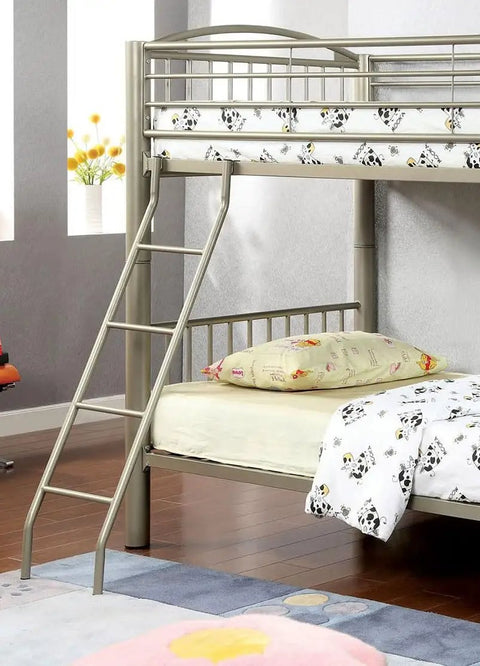Twin Over Twin Metal Bunk Bed With Movable Ladder And Rails That Converts Into Two Separate Beds, Metallic Gold Finish
