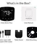Contents of Boss Level Smart Air Conditioner Controller With WiFi Thermostat: device, user manual, USB adapter, table stand, wall mount.
