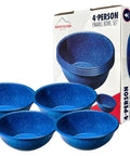 Six Inch Enamel Camping Bowls 4 Pack, Lightweight Durable Steel With Classic Blue Speckle Coating, Easy To Clean shown with packaging
