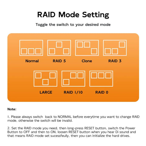 RAID mode setting instructions for Rock Solid 4 Bay SATA Hard Drive RAID Enclosure showing toggle options and notes.