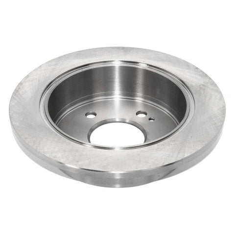 Rear Solid Disc Brake Rotor With Beefy Forged Flange For Precise Fit And ABS Signaling, close-up view of metal rotor.