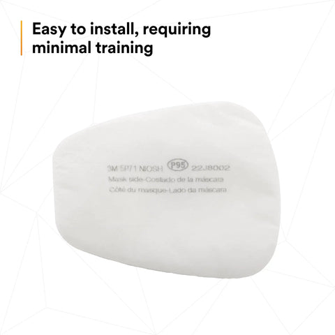 NIOSH P95 Respirator Filter Replacements, 5 Pairs, Worksite Ready, white filter with inscription, close-up view