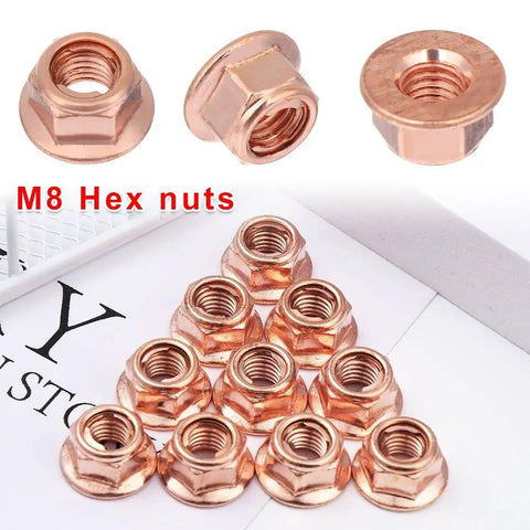 Heavy Duty 12 Pack M8 Hex Nuts For Exhaust Manifold Copper Flashed Engine Hardware High Heat Resistant Fastener Kit, copper finish.