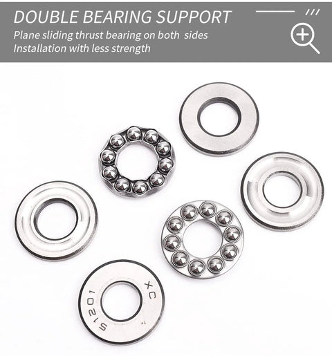 Top view of bicycle bearing press kit components: silver metal spacers and ball bearings