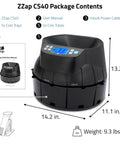 Hustle Ready Commercial Coin Counter And Sorter Roller Machine With Large Hopper Auto Reverse Motor showing package contents, dimensions, and user manual.