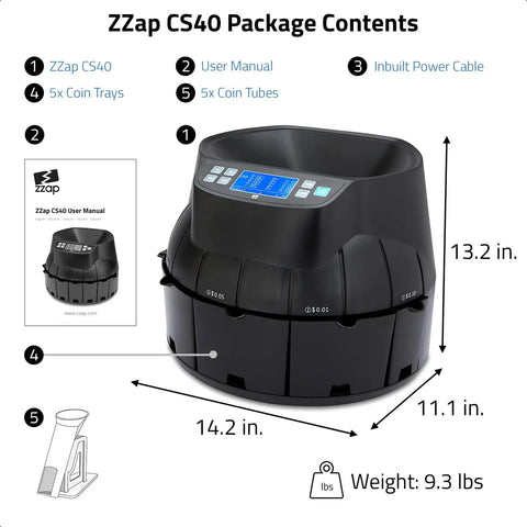 Hustle Ready Commercial Coin Counter And Sorter Roller Machine With Large Hopper Auto Reverse Motor showing package contents, dimensions, and user manual.