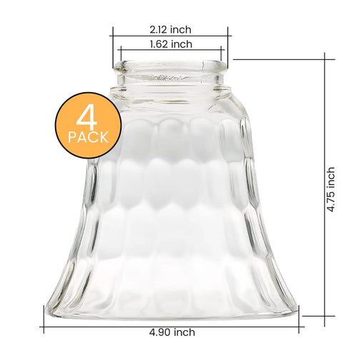 Beveled Glass Ceiling Light Covers For Fans And Fixtures, Replacement Globe Shades 4 Pack, dimensions labeled, clear glass