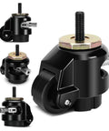 Top Notch Heavy Duty Leveling Stem Casters Set of Four Premium Aluminum Alloy Retractable Furniture Mobility Kit Smooth Rolling Shop Cart Wheels With Adjustable Feet For Shelving and Workbenches Hella Strong High Capacity Black close-up of single caster wheel.