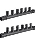 Front view of two black EFIELD PEX manifolds, 6-outlet PPSU, 3/4 trunk with 1/2 ports.