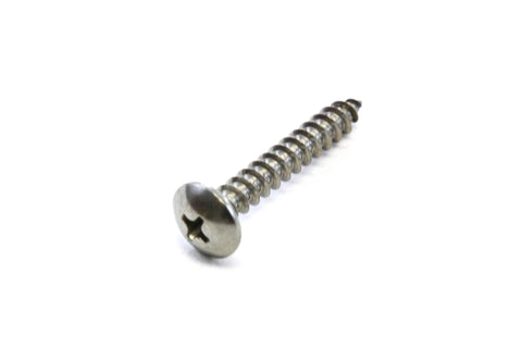 Stainless steel marine-grade truss-head Phillips screw, side view, 1-1/4 in long.