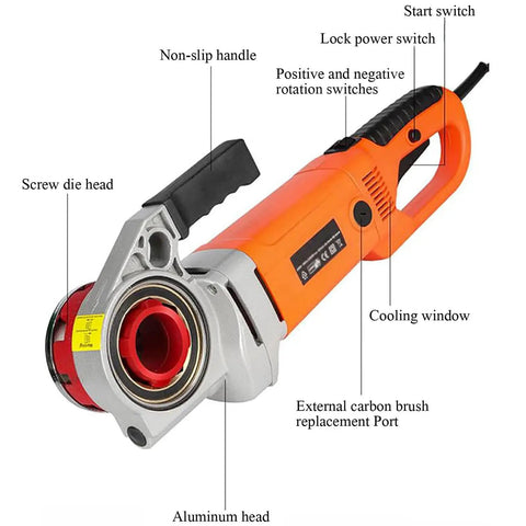 Heavy Duty Portable Electric Pipe Threader With Pure Copper Motor And Quick Change Steel Dies For Knocking Threads Onto Galvanized Or Black Iron Pipe Sizes Half To Two Inches Includes Rugged Carry Pouch image showing aluminum head and screw die head features.