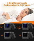 Digital Projection Alarm Clock With Weather Station And Indoor Outdoor Thermometer showing brightness levels and a sleeping woman.