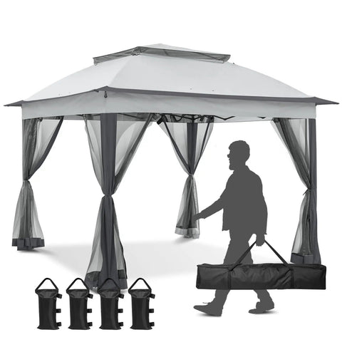 11x11 Pop Up Gazebo Tent With Mesh Netting Instant Outdoor Canopy With UPF 50+ UV Protection Water Resistant Gray Easy Setup