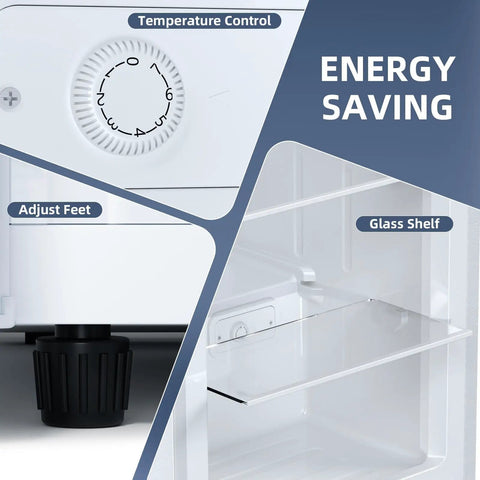 Temperature control dial and adjustable feet for No Fuss Compact Upright Freezer With Six Cubic Feet Capacity.