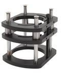Router Table Lift With 4 Jaw Clamping Aluminum Alloy Base, Precision Router Lift For Woodworking, DIY Friendly Top Mount System For Small Trimming Machines, Accurate, Repeatable Cuts Every Time. black aluminum alloy router lift with 4 jaw clamp and guide posts