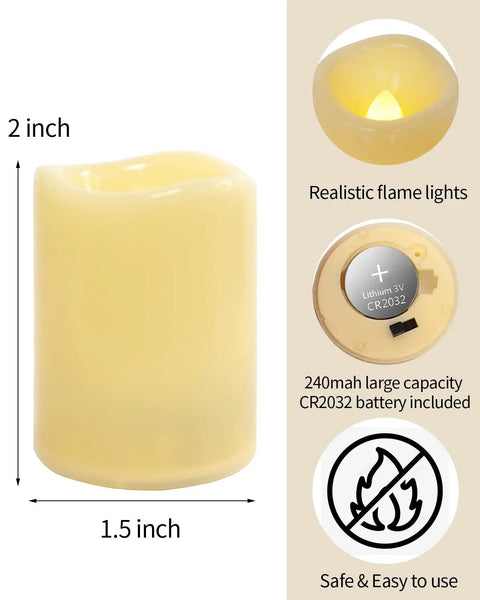 Flameless Votive Candles Set 2 Inch 24 Pack Battery Operated LED With Realistic Flicker Warm White Long Lasting Diagram