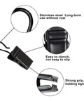 Close-up of stainless steel clips with black finish, grip details from Stainless Steel Curtain Clips Set 50 Pieces Heavy Duty All Purpose Bulldog Clip Hooks For Hanging Curtains LED Lights Photos Cloth Towels Tents Camping Home Decor And Art Craft Projects.