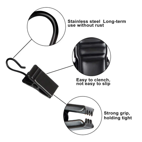 Close-up of stainless steel clips with black finish, grip details from Stainless Steel Curtain Clips Set 50 Pieces Heavy Duty All Purpose Bulldog Clip Hooks For Hanging Curtains LED Lights Photos Cloth Towels Tents Camping Home Decor And Art Craft Projects.